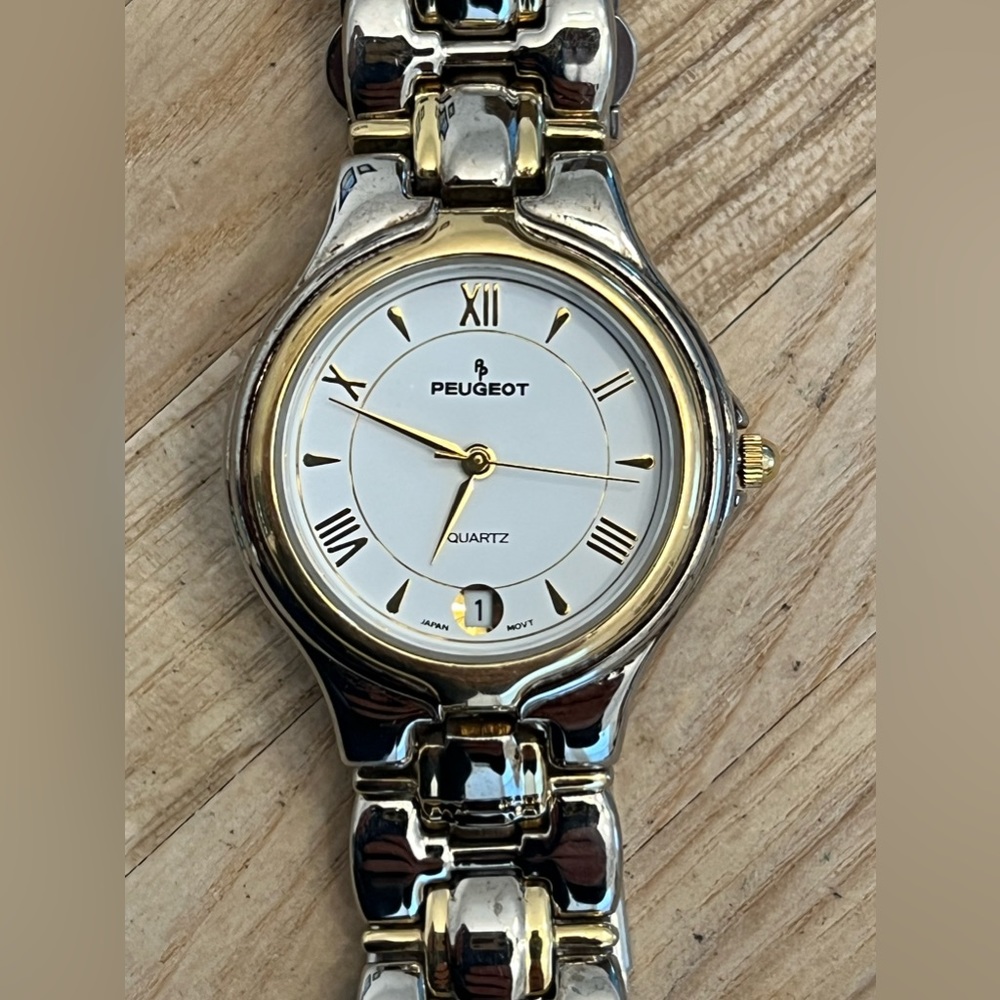 Peugeot Ladies Watch Two Tone Stainless Bracelet White Dial Date Window